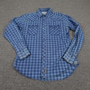Wrangler Retro Shirt Mens Medium Blue Check Western Snap Front Long Sleeve